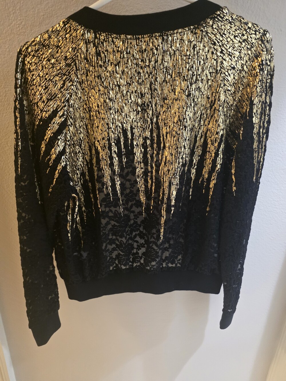 LIZZETE COLLECTION Black Lace Bomber Jacket with Gold Sequin Drip Detail M - Picture 3 of 4